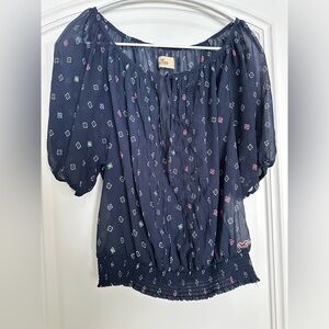 Hollister Navy and Pink Floral Blouse